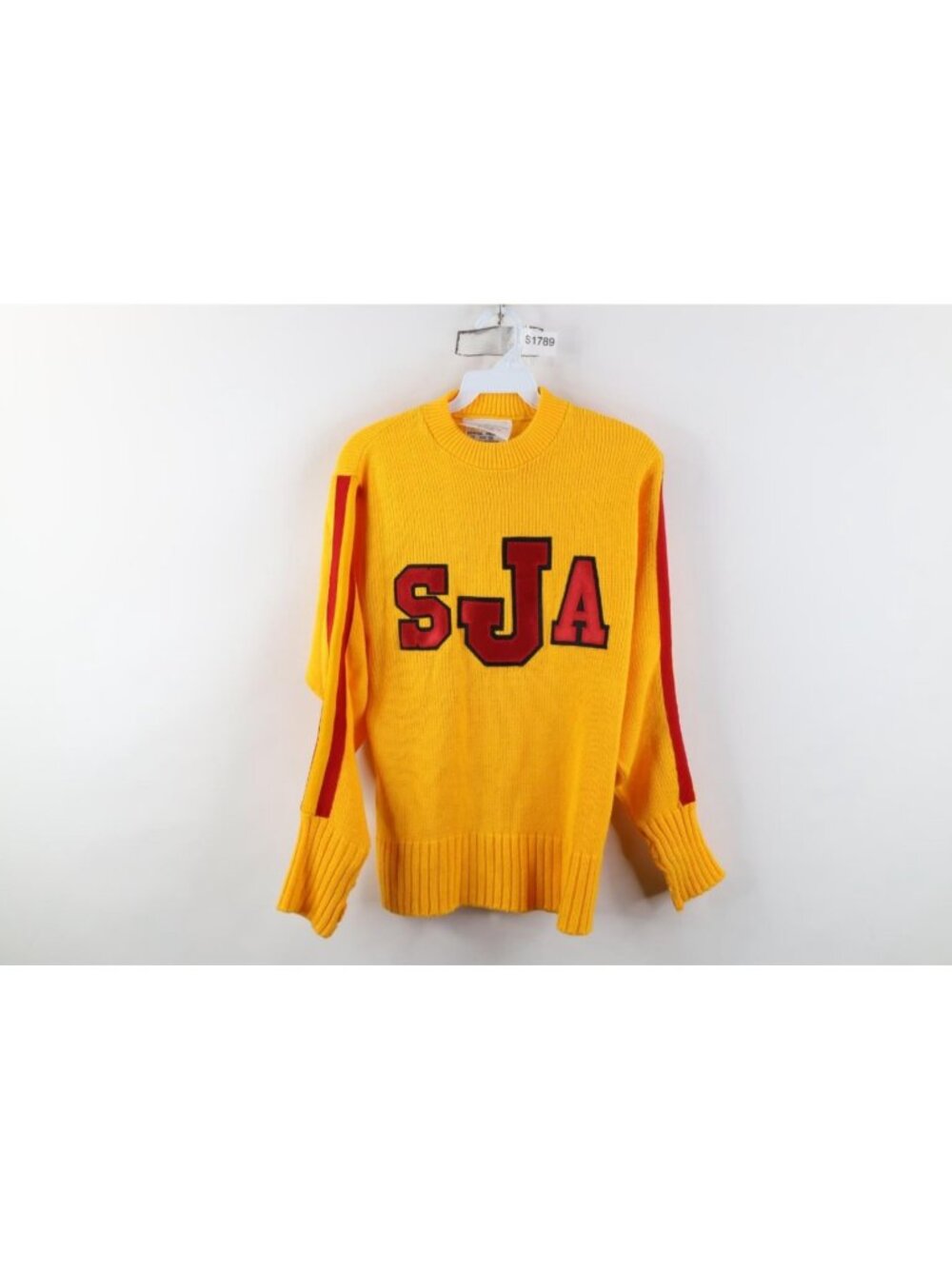 Vintage 70s 80s Womens 36 Striped Knit Varsity Cheerleader Crewneck Sweater USA